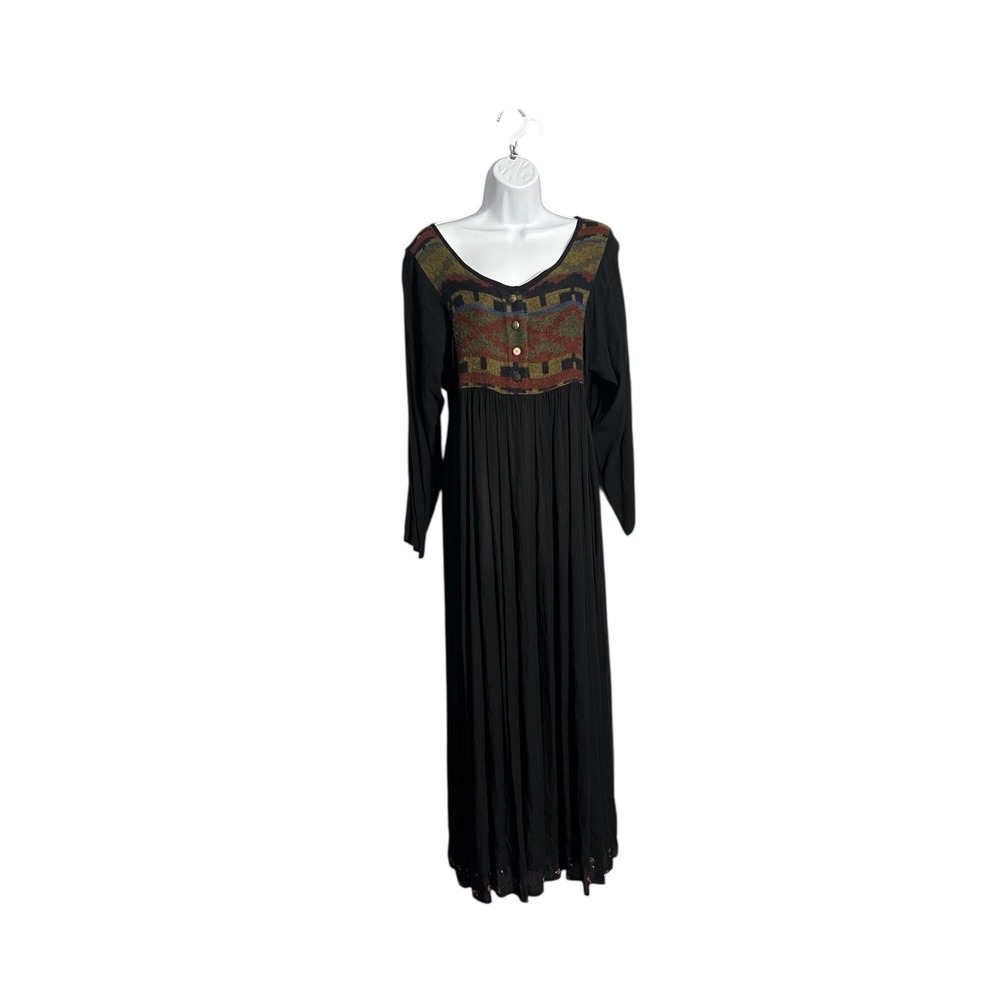 Vintage ZOl 90s Boho Southwestern Knit Black‎ Maxi Dress Medium Prairie Cottege